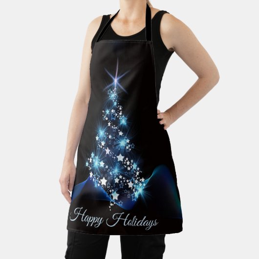 Christmas Party Blue Tree Shiny Black Elegante Schürze (InSitu)