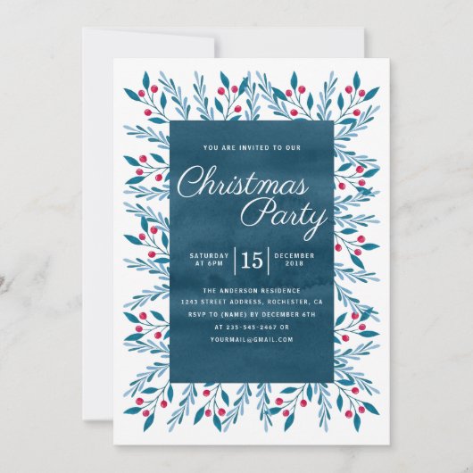 Christmas Party Blue Watercolor Floral Einladung (Vorderseite)