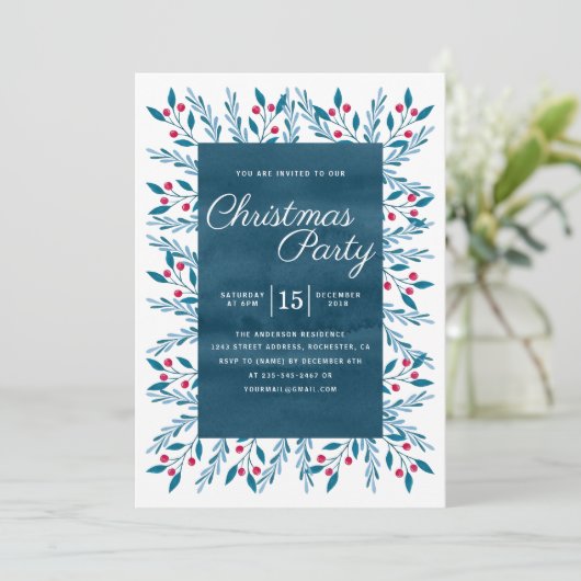 Christmas Party Blue Watercolor Floral Einladung (Stehend Vorderseite)