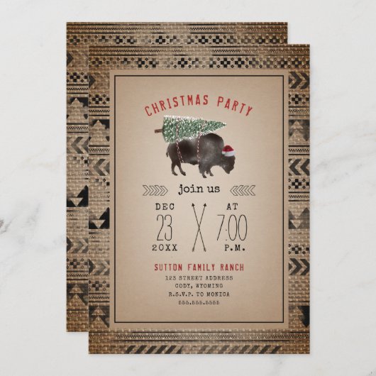 Christmas Party Buffalo Bison Tree Santa Burlap Einladung (Vorne/Hinten)