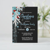 CHRISTMAS PARTY Dekoration Blau Silberschwarze Sch Einladung (Stehend Vorderseite)