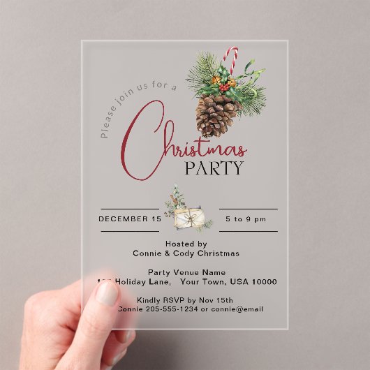 CHRISTMAS PARTY EINLADUNG, PINE CONE & CANDY CANE ACRYLEINLADUNGEN (Insitu (Handheld))