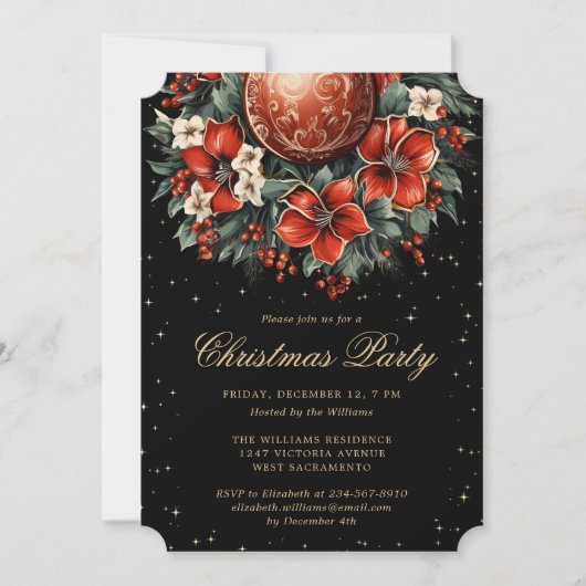 Christmas Party Elegant Black Gold Botanical Einladung (Vorderseite)