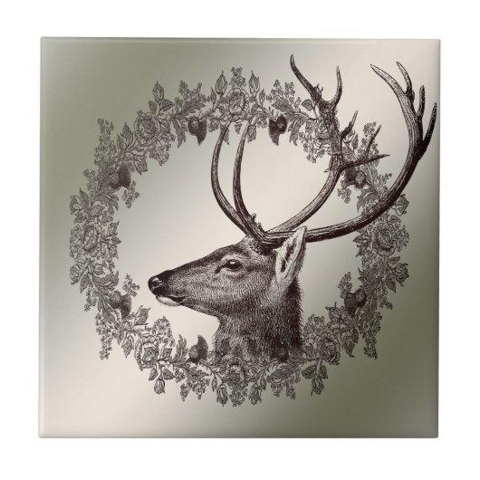 Christmas Party Floral Reindeer Golden Winter Fliese (Vorderseite)