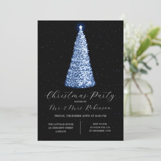 Christmas Party Glam Navy Blue Tree Sparkle Einladung (Stehend Vorderseite)
