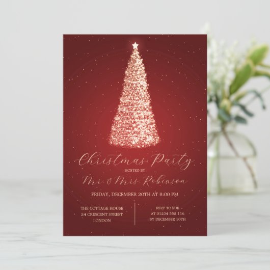 Christmas Party Glam Red Tree Sparkle Einladung (Stehend Vorderseite)