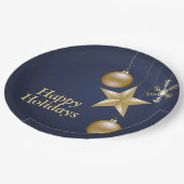 Christmas Party Golden Ornament Navy Blue Elegant Pappteller (Schrägansicht)