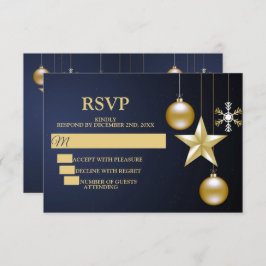 Christmas Party Golden Ornaments Navy Blue Elegant RSVP Karte