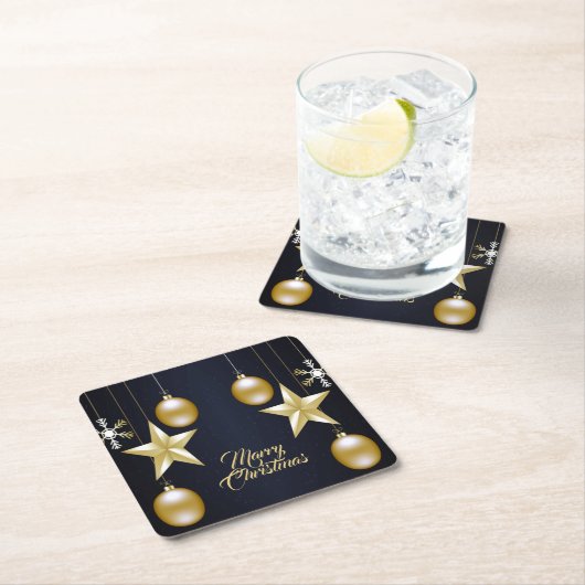 Christmas Party Golden Ornaments Navy Blue Rechteckiger Pappuntersetzer (Vor Ort)