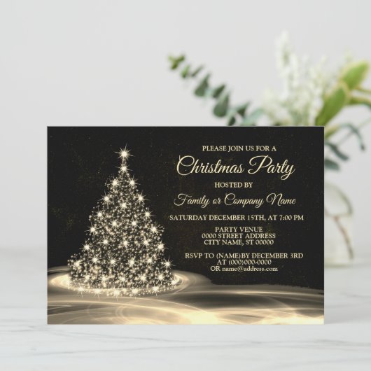 Christmas Party Golden Shiny Tree Winter Black Einladung (Stehend Vorderseite)