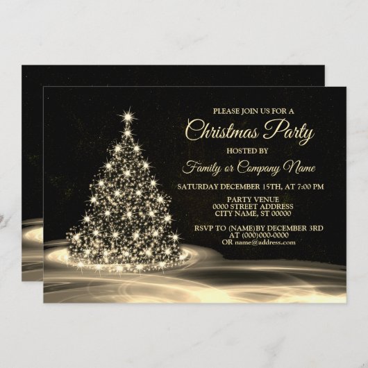 Christmas Party Golden Shiny Tree Winter Black Einladung (Vorne/Hinten)