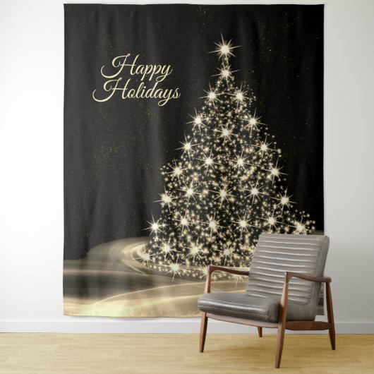 Christmas Party Golden Shiny Tree Winter Black Wandteppich (Beispiel)