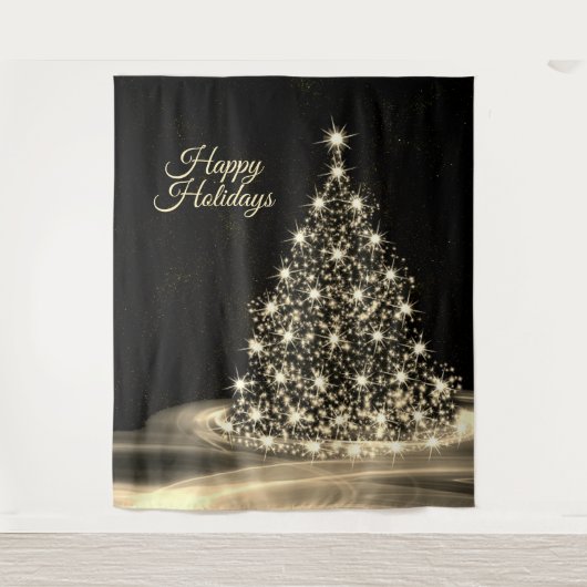 Christmas Party Golden Shiny Tree Winter Black Wandteppich (Vorderseite)