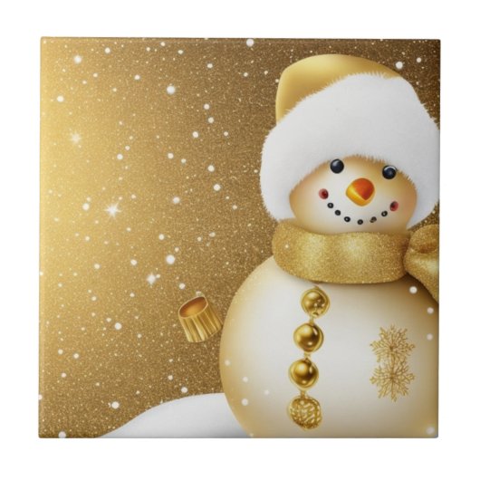 Christmas Party Golden Snowman Snowflakes Holidays Fliese (Vorderseite)