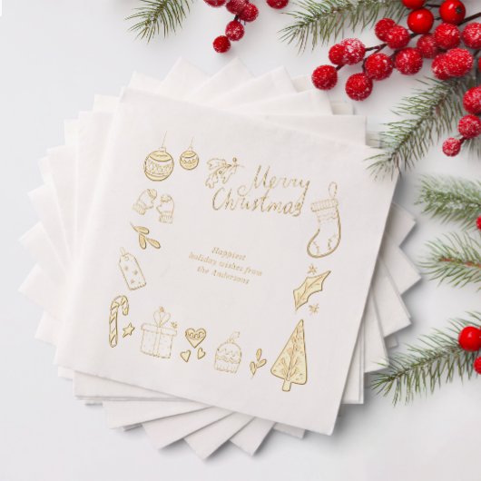 Christmas Party Hand Drawn Doodles Festive Gold Servietten Mit Folie