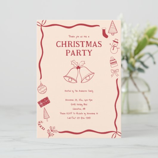 Christmas Party Hand Drawn Holiday Red Coquette Einladung (Stehend Vorderseite)