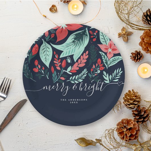 Christmas Party Holiday Blue Botanical Floral  Pappteller