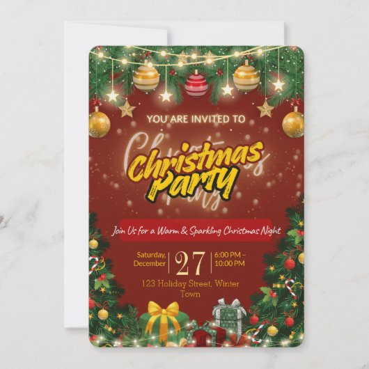 Christmas Party Invitation | Red & Gold Holiday  Einladung (Vorderseite)
