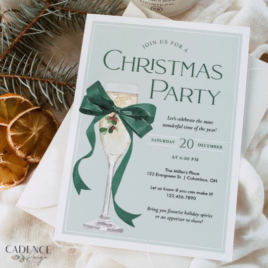 Christmas Party Invitation with Green Bow Einladung