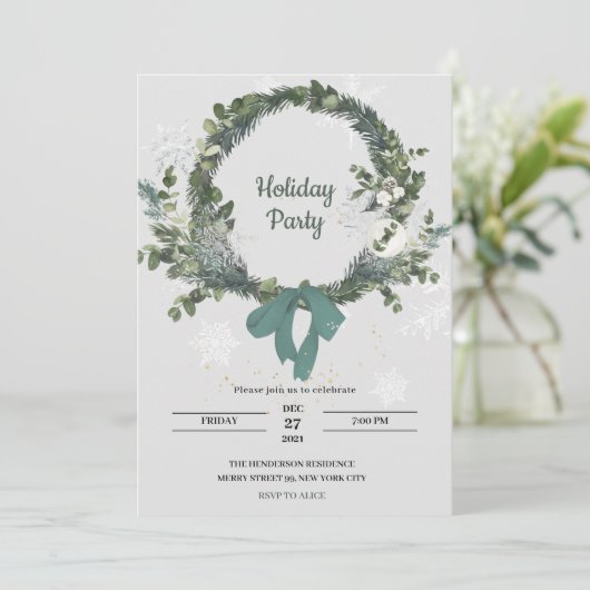 Christmas Party Invitation Wreath Snowflakes Einladung (Stehend Vorderseite)