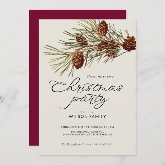 Christmas Party Pine Branch Modern Script Holiday Einladung (Vorne/Hinten)
