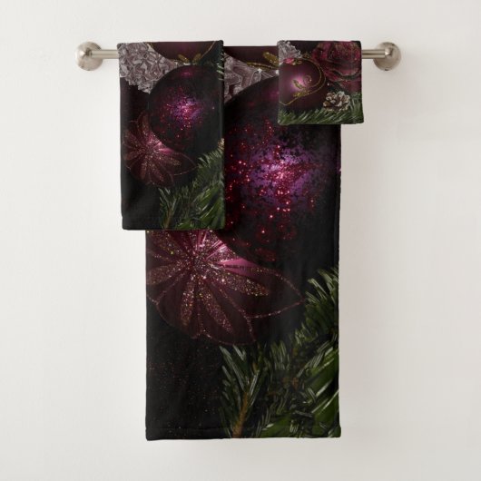 Christmas Party Pink Ornament Green Leaves Black Badhandtuch Set (Insitu)