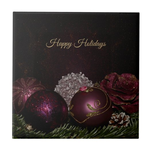 Christmas Party Pink Ornaments Green Leaves Black Fliese (Vorderseite)