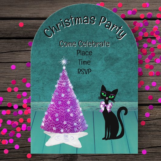 Christmas Party Pink Tree Black Cat Teal Room Acryleinladungen
