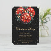 Christmas Party Red Botanical Ornaments Black Einladung (Stehend Vorderseite)