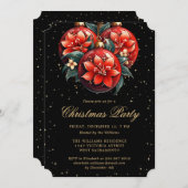 Christmas Party Red Botanical Ornaments Black Einladung (Vorne/Hinten)