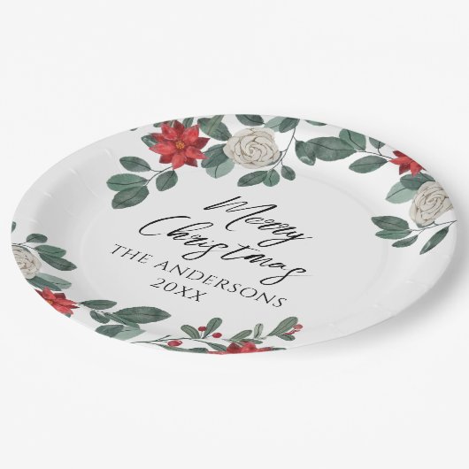 Christmas Party Red Green Floral Pappteller (Schrägansicht)