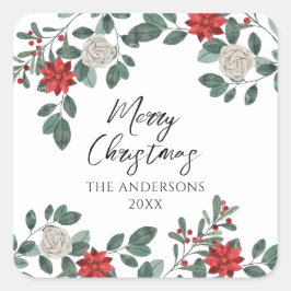 Christmas Party Red Green Floral Quadratischer Aufkleber