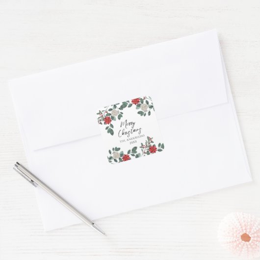 Christmas Party Red Green Floral Quadratischer Aufkleber (Umschlag)