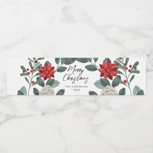 Christmas Party Red Green Floral Wasserflaschenetikett (Einzelnes Label)