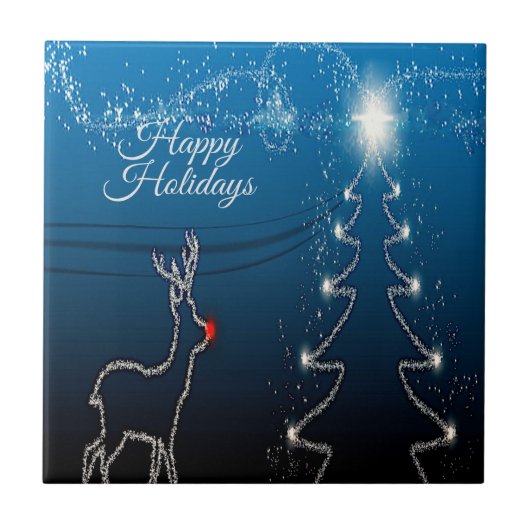 Christmas Party Reindeer Tree Blue Sky Shiny Stars Fliese (Vorderseite)