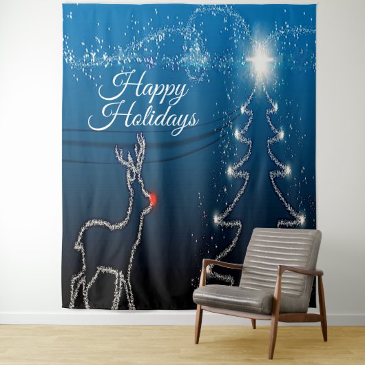 Christmas Party Reindeer Tree Blue Sky Shiny Stars Wandteppich (Beispiel)