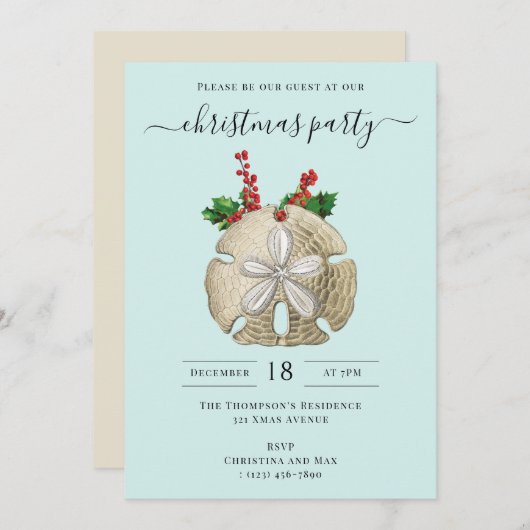 Christmas Party Sand Dollar Holly Berries Coastal Einladung (Vorne/Hinten)