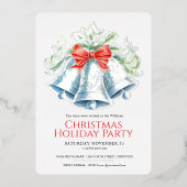 Christmas party silver bells red bow watercolor folieneinladung (Vorderseite)