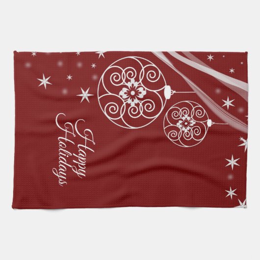 Christmas Party White Ornaments Stars Red Elegant Geschirrtuch (Horizontal)