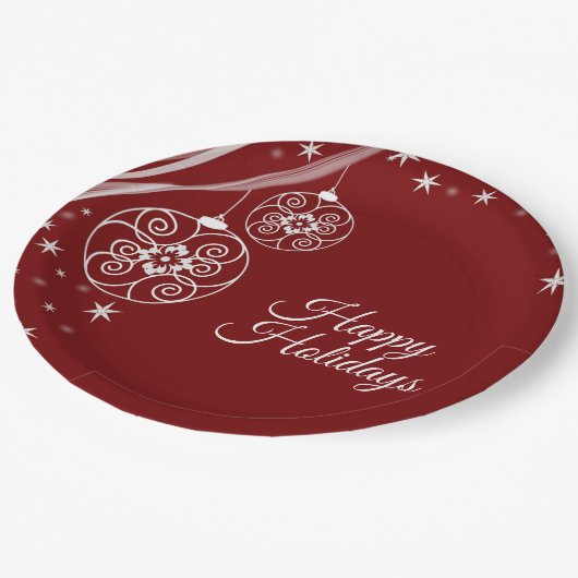 Christmas Party White Ornaments Stars Red Elegant Pappteller (Schrägansicht)