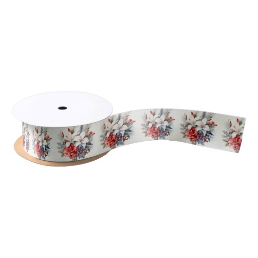Christmas Party White Red Flowers Holidays Elegant Satinband (Spule)