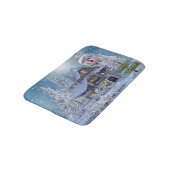 Christmas Party Winter White Snowman Blue Rustic Badematte (Schrägansicht)