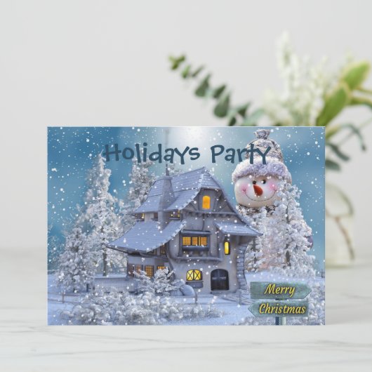 Christmas Party Winter White Snowman Blue Rustic Einladung (Stehend Vorderseite)