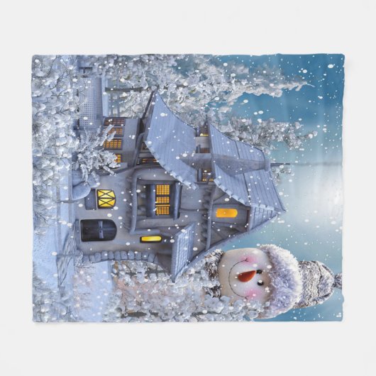 Christmas Party Winter White Snowman Blue Rustic Fleecedecke (Vorderseite (Horizontal))