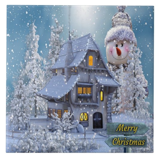 Christmas Party Winter White Snowman Blue Rustic Fliese (Vorderseite)