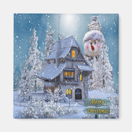 Christmas Party Winter White Snowman Blue Rustic Magnet