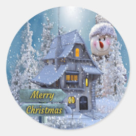 Christmas Party Winter White Snowman Blue Rustic Runder Aufkleber
