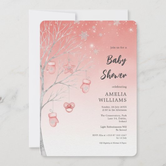 Christmas Pastel Red Winter Tree Baby Shower Einladung (Vorderseite)