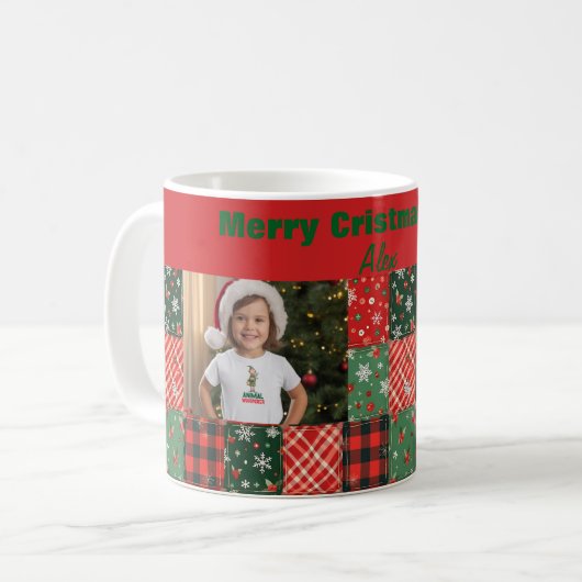 Christmas patchwork green red two photo coffee mug kaffeetasse (Vorderseite Links)