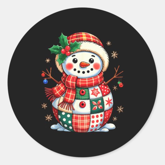Christmas Patchwork Snowman - Quilted Holiday Aest Runder Aufkleber (Vorderseite)
